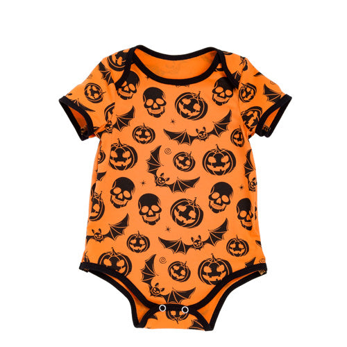 Orange short-sleeve baby romper with black pumpkin, skull and bat print and black trim