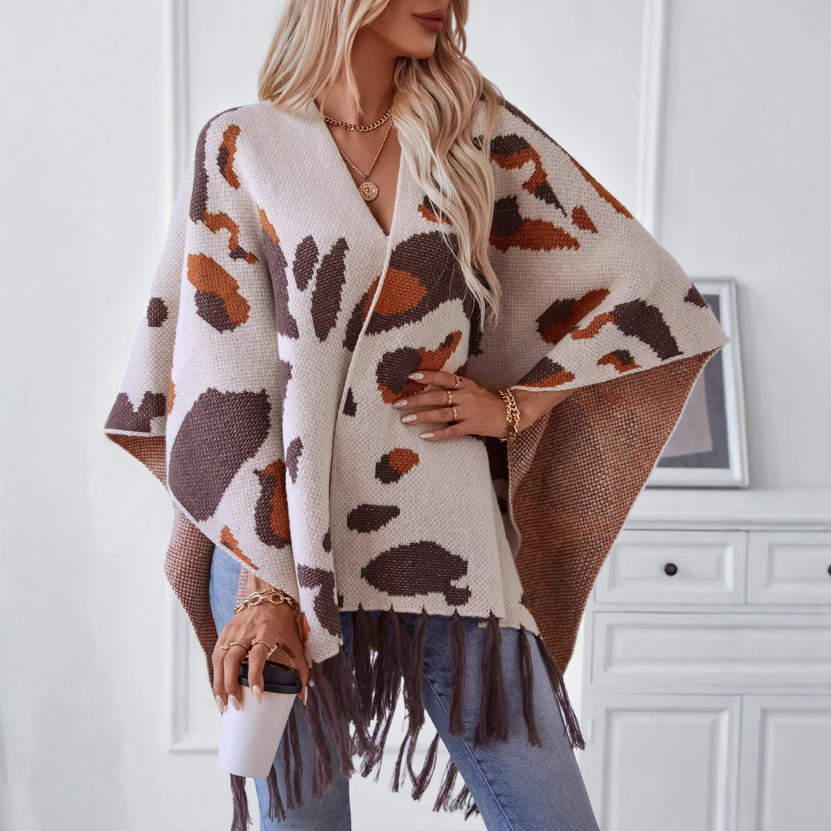 Leopard-Print Tassel Cape