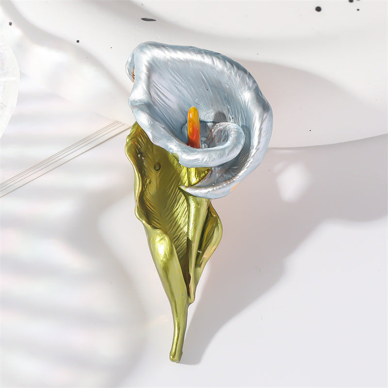 Blue Enamel Calla Lily Brooch with green leaf and stem