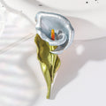 Blue Enamel Calla Lily Brooch with green leaf and stem