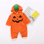 Orange hooded pumpkin baby romper with leafy hood detail and snap closures