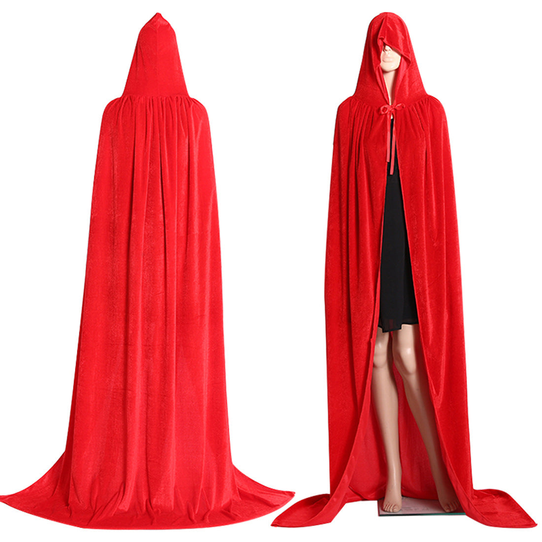 Red hooded costume cloak shown from the front and back, with a tie at the neck.