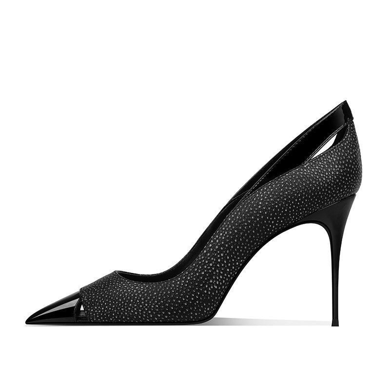 Black Patchwork Pointed-Toe Heels