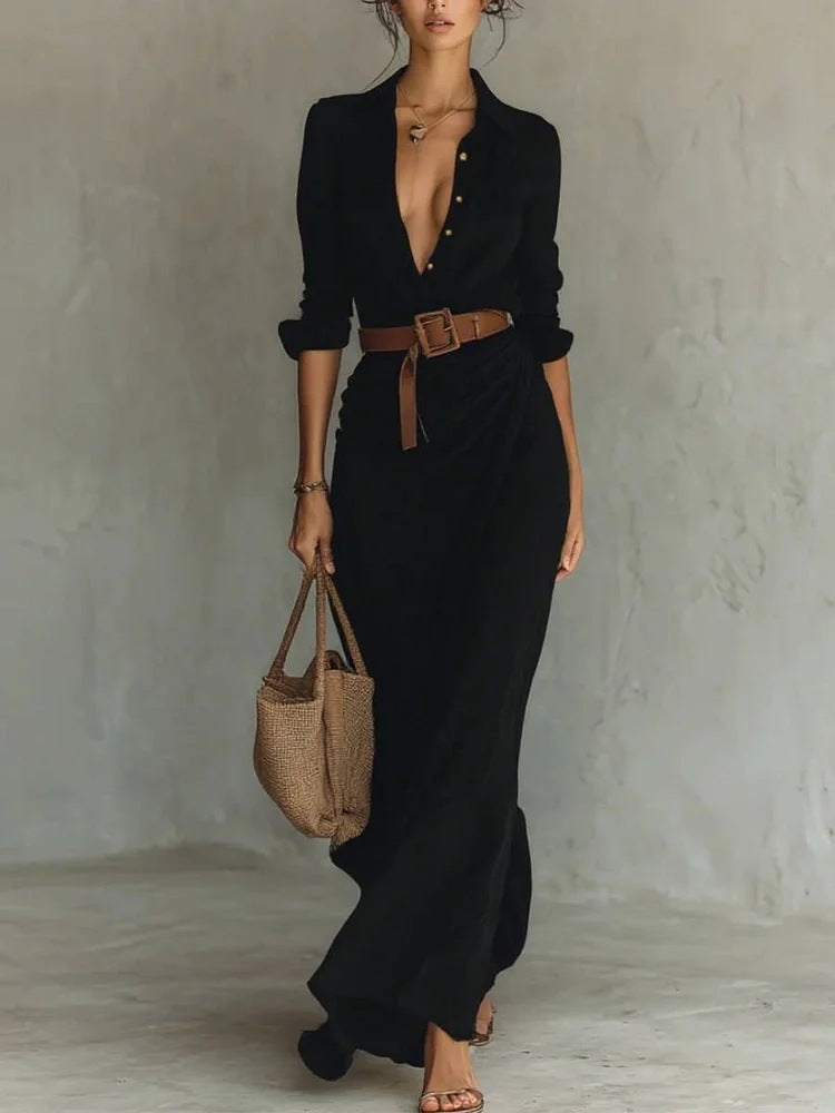 Belted Asymmetric Pleated Dress