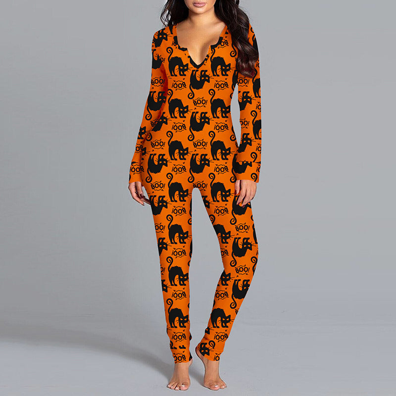 Orange long-sleeve V-neck jumpsuit with black cat and BOO print, modeled against a gray background.