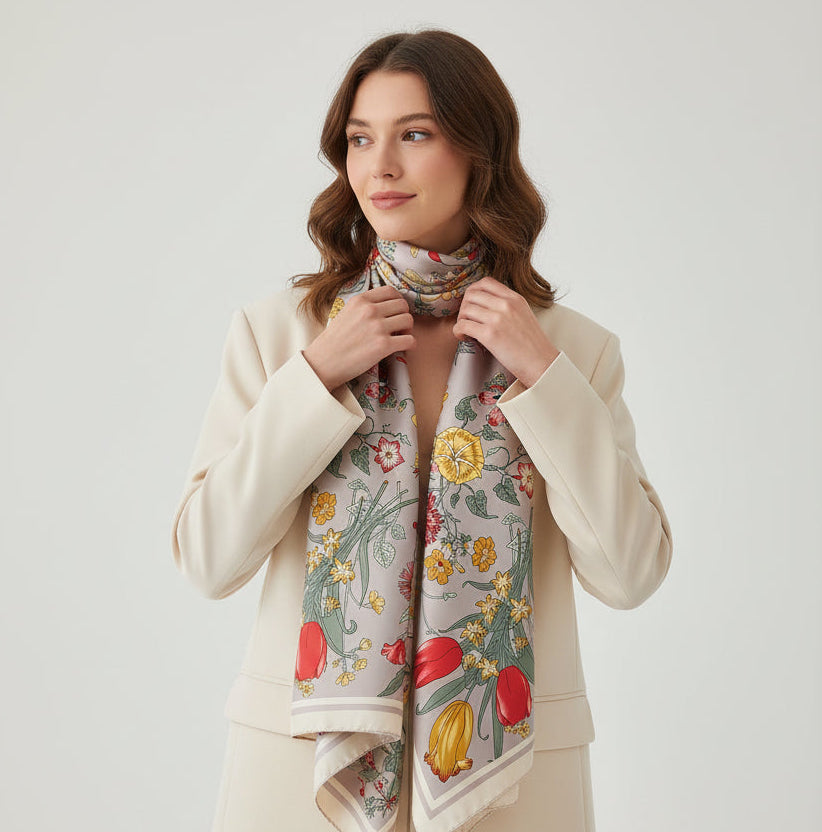 Grey botanical scarf with a multicolour floral print worn around the neck