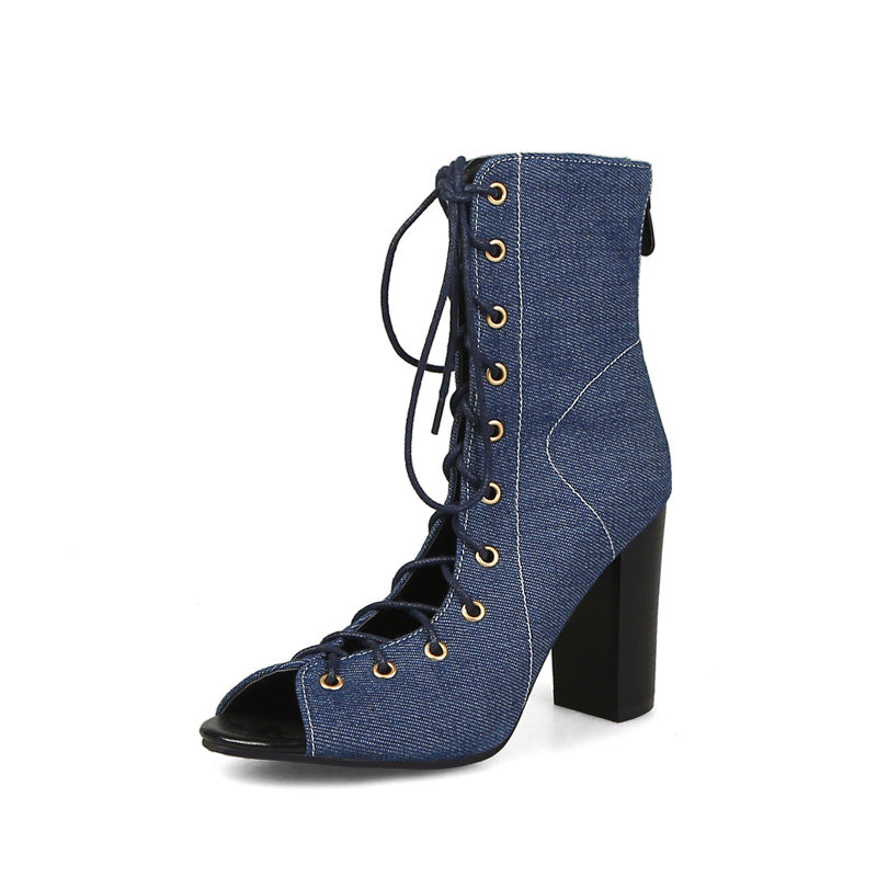 Lace-Up Denim Block Heels