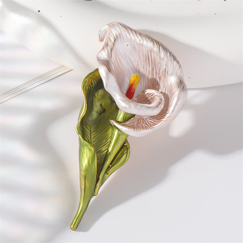 White Enamel Calla Lily Brooch with green leaf and stem