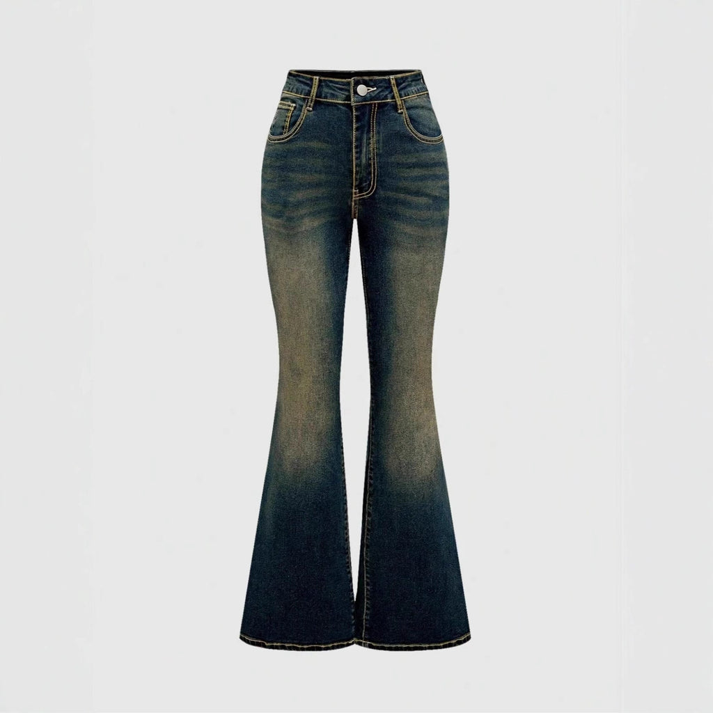 Front view of blue flared jeans with contrast stitching