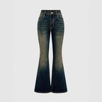 Front view of blue flared jeans with contrast stitching