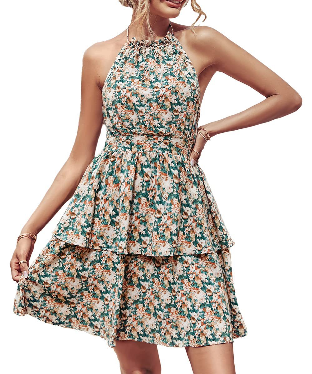 Green floral halter mini dress with a tiered ruffle skirt, shown worn against a white background.