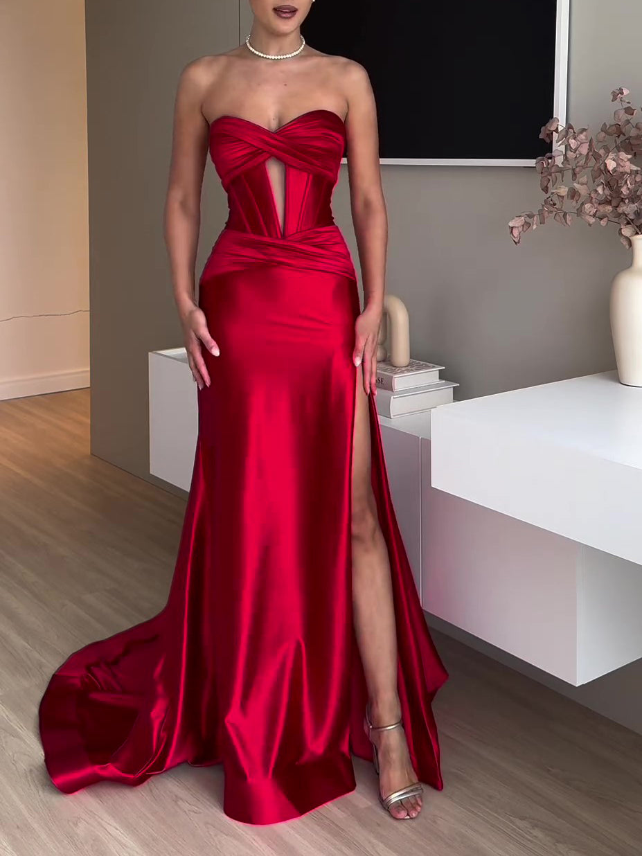 Red Strapless Slit Gown