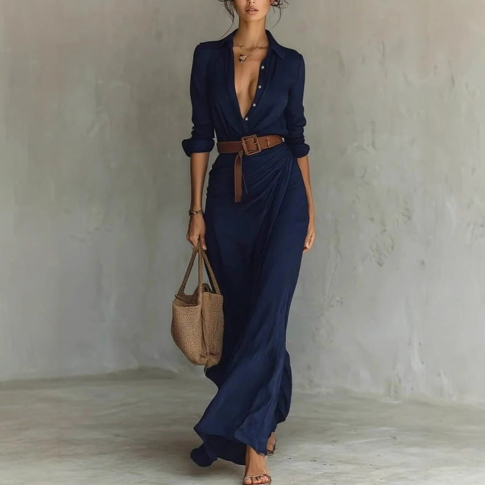 Belted Asymmetric Pleated Dress