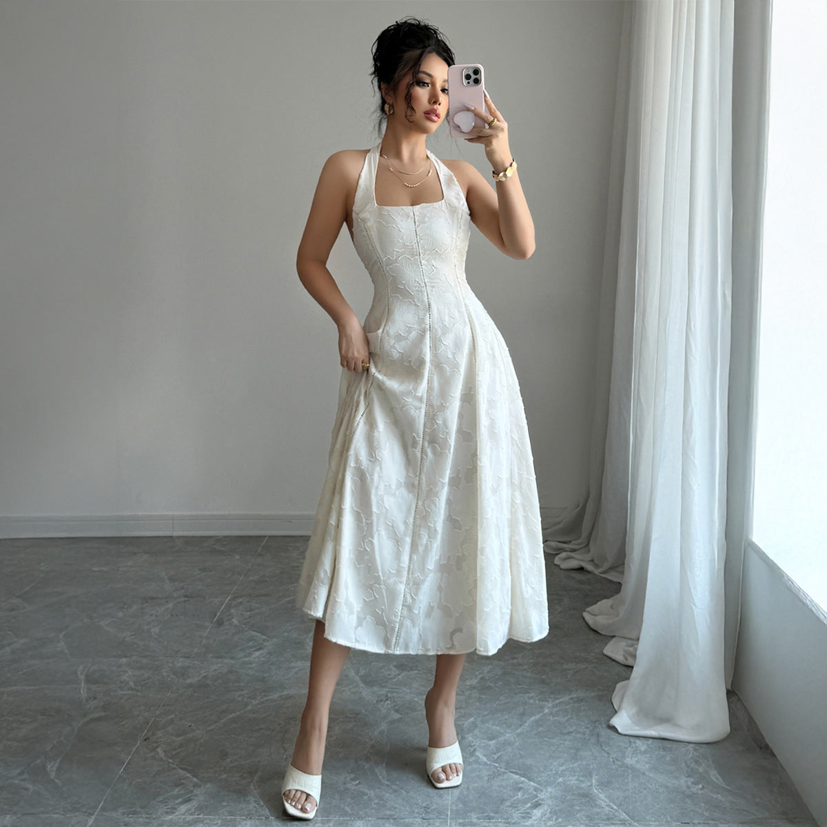 White Halter A-Line Dress