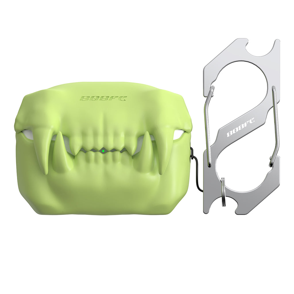 Fluorescent green teeth-design earbud case cover shown with its included pendant.