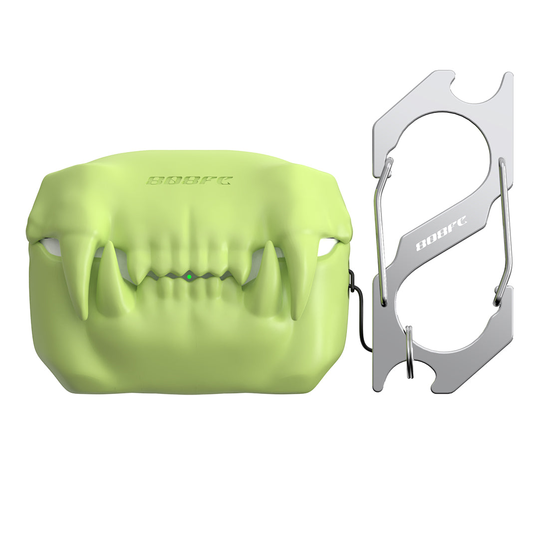 Fluorescent green teeth-design earbud case cover shown with its included pendant.