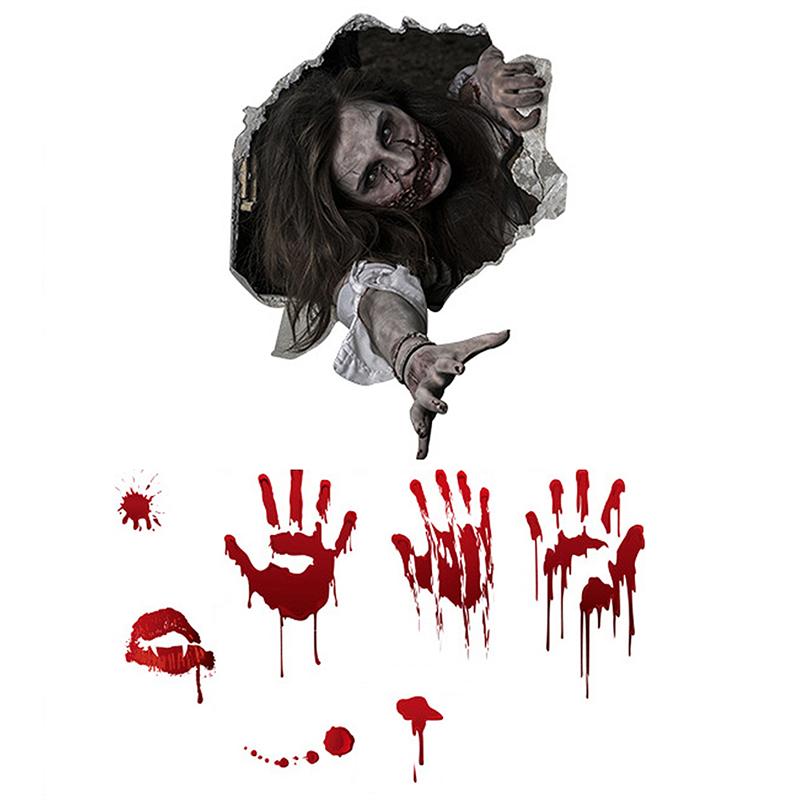 Long-haired ghost and red handprint Halloween sticker designs on a white background