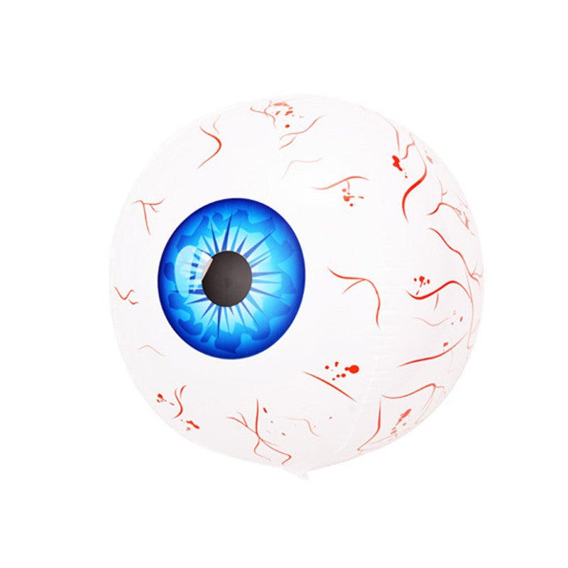 Single white eyeball balloon with a blue iris, black pupil and red vein pattern on a white background.