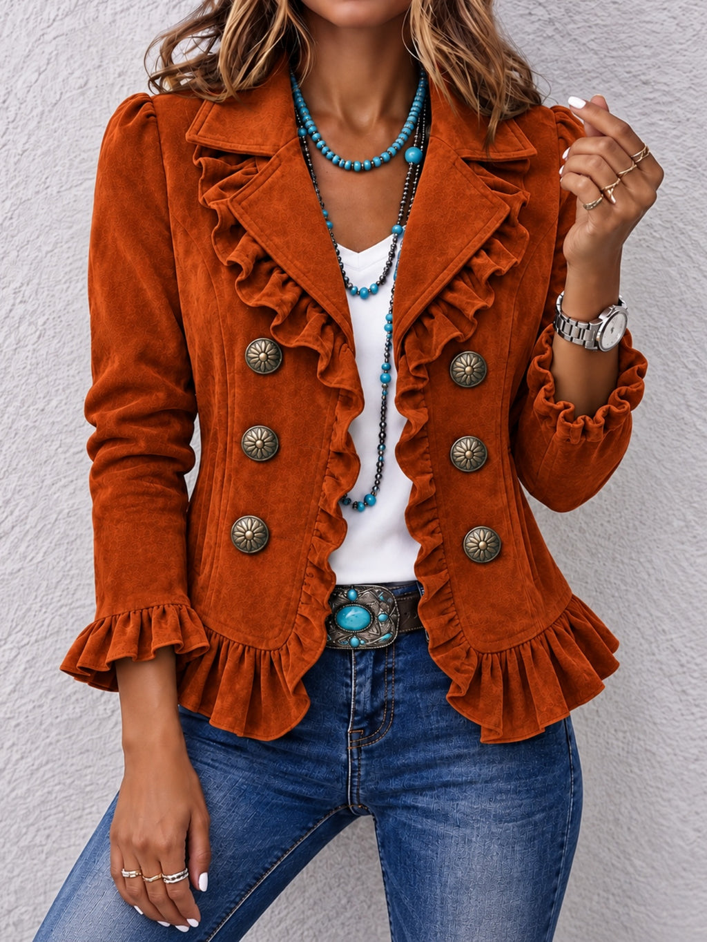 Orange Red long-sleeve cardigan with ruffle trim and six decorative buttons, worn front view