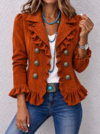 Orange Red long-sleeve cardigan with ruffle trim and six decorative buttons, worn front view