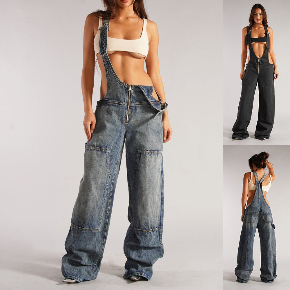 Zip-Front Denim Overalls