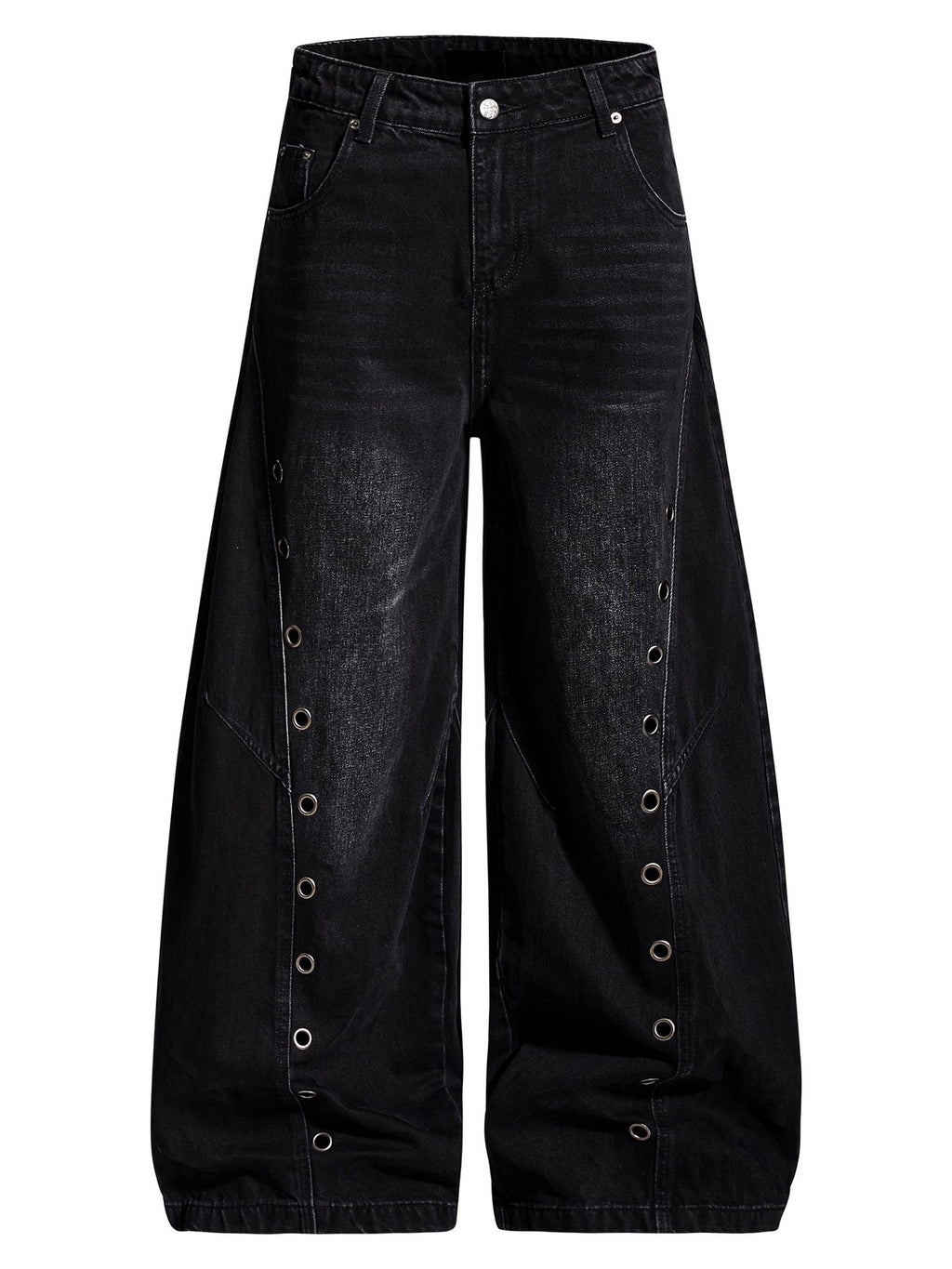 Black washed jeans with curved wide legs, metal eyelet rows and front pockets, shown on white