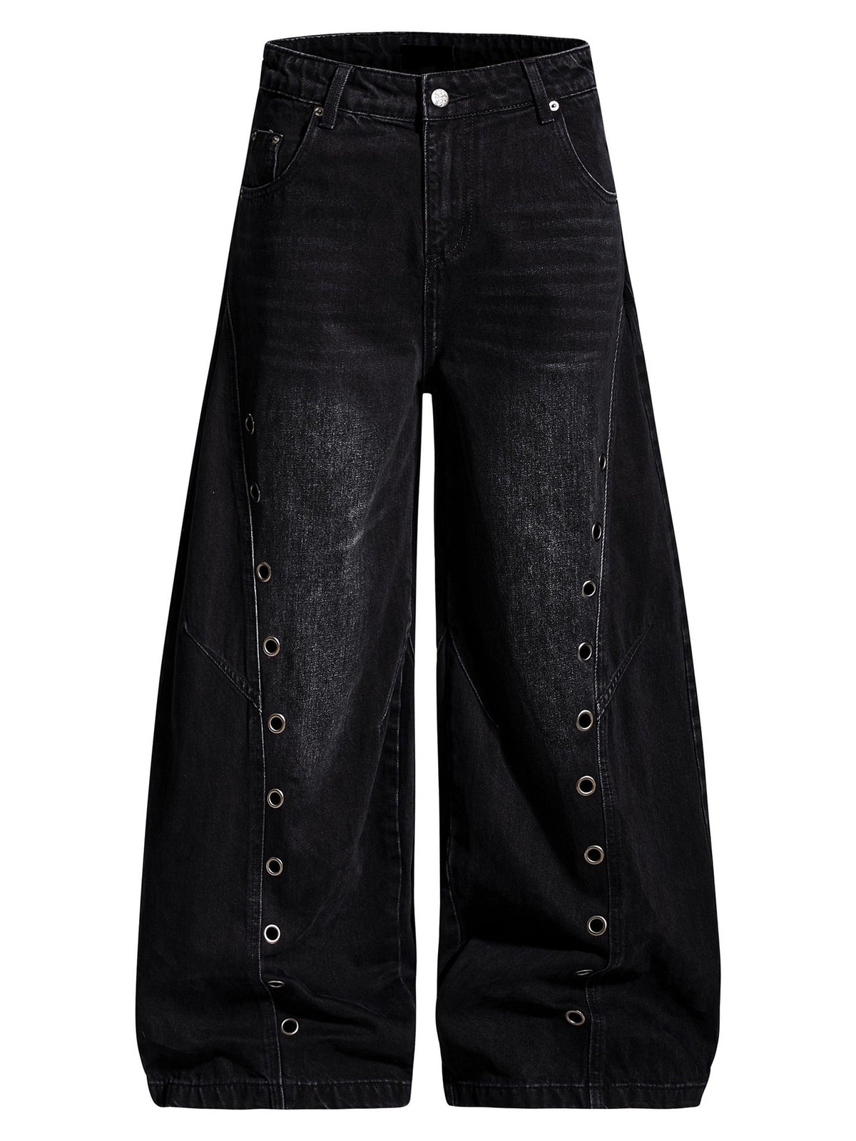 Black washed jeans with curved wide legs, metal eyelet rows and front pockets, shown on white