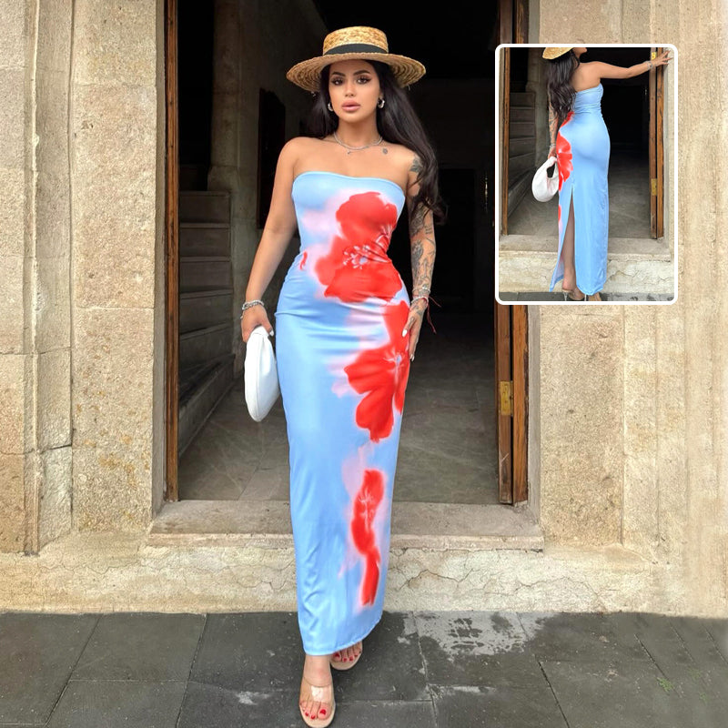 Printed Strapless Slit Dress