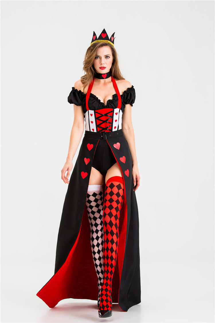 Queen of Hearts costume with crown, heart-print apron and diamond-pattern socks, shown worn