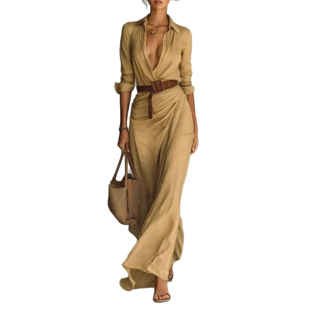 Khaki collared dress with brown waist belt and asymmetric skirt