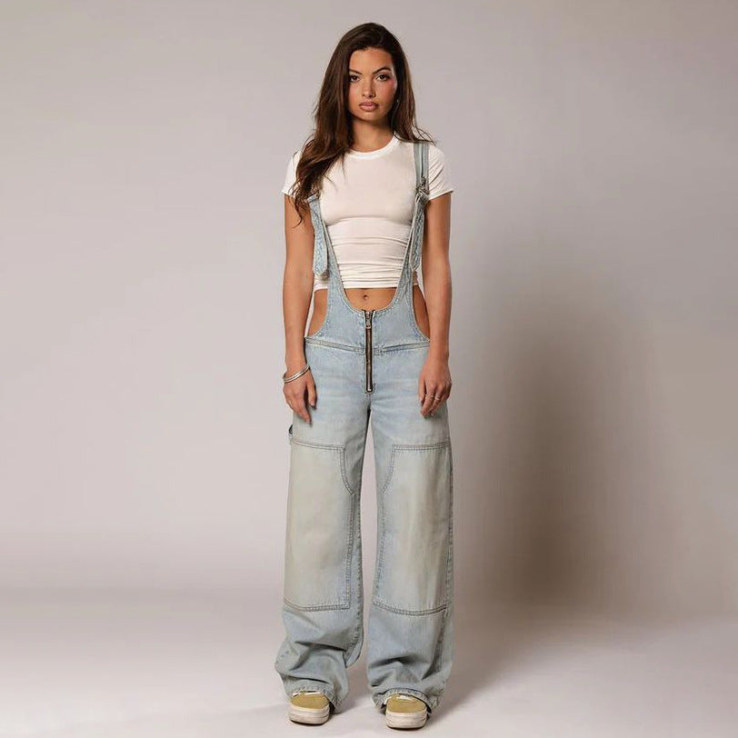 Zip-Front Denim Overalls