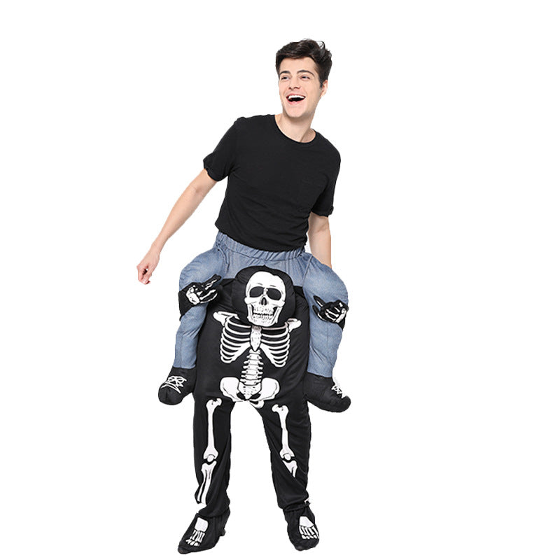Skeleton carry-me illusion costume modeled on a white background, with black skeleton-print trousers and stuffed blue trouser legs.