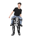 Skeleton carry-me illusion costume modeled on a white background, with black skeleton-print trousers and stuffed blue trouser legs.