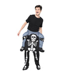 Skeleton carry-me illusion costume modeled on a white background, with black skeleton-print trousers and stuffed blue trouser legs.