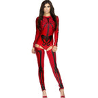 Model wearing a red long-sleeve skeleton-print costume with black bone artwork
