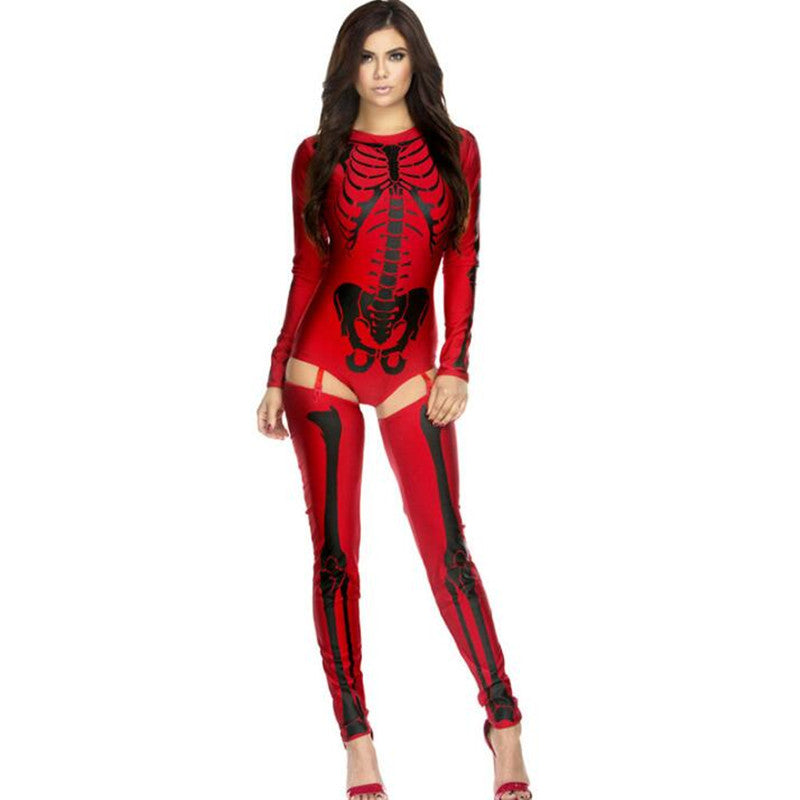 Model wearing a red long-sleeve skeleton-print costume with black bone artwork