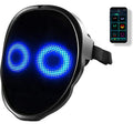 LED costume mask displaying blue circular eyes beside a phone app preview