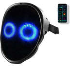 LED costume mask displaying blue circular eyes beside a phone app preview