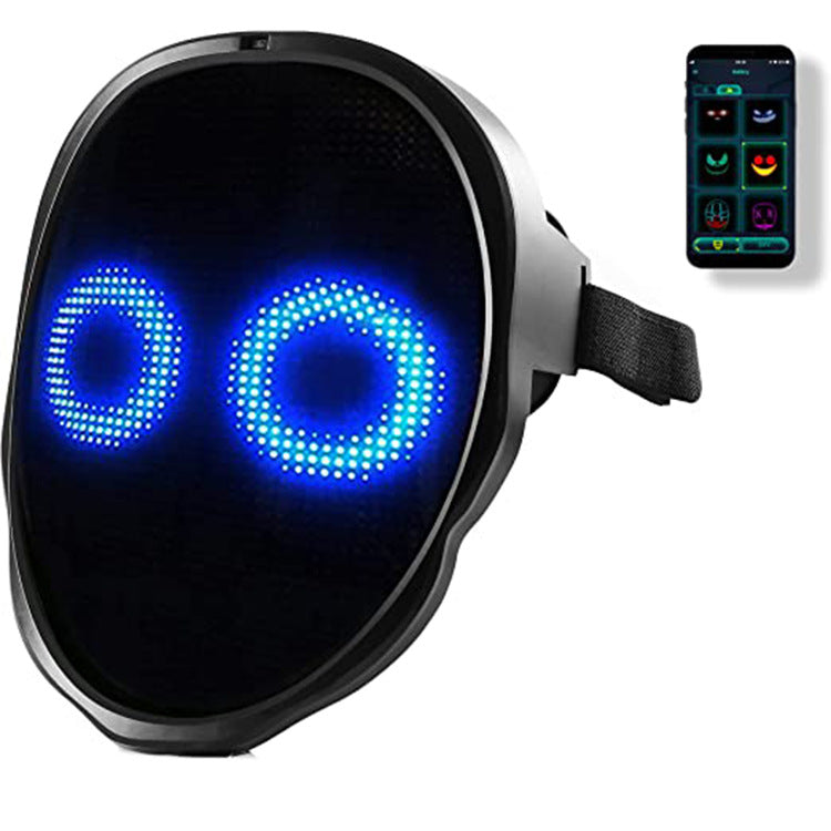 LED costume mask displaying blue circular eyes beside a phone app preview