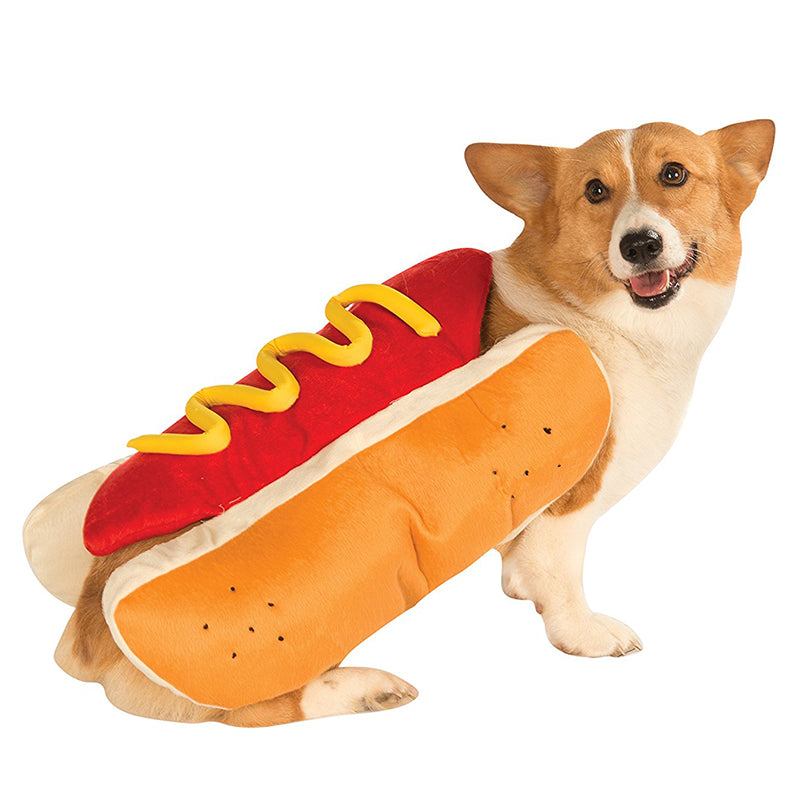 Dog wearing a hot dog costume with tan bun sides, red sausage and yellow mustard detail