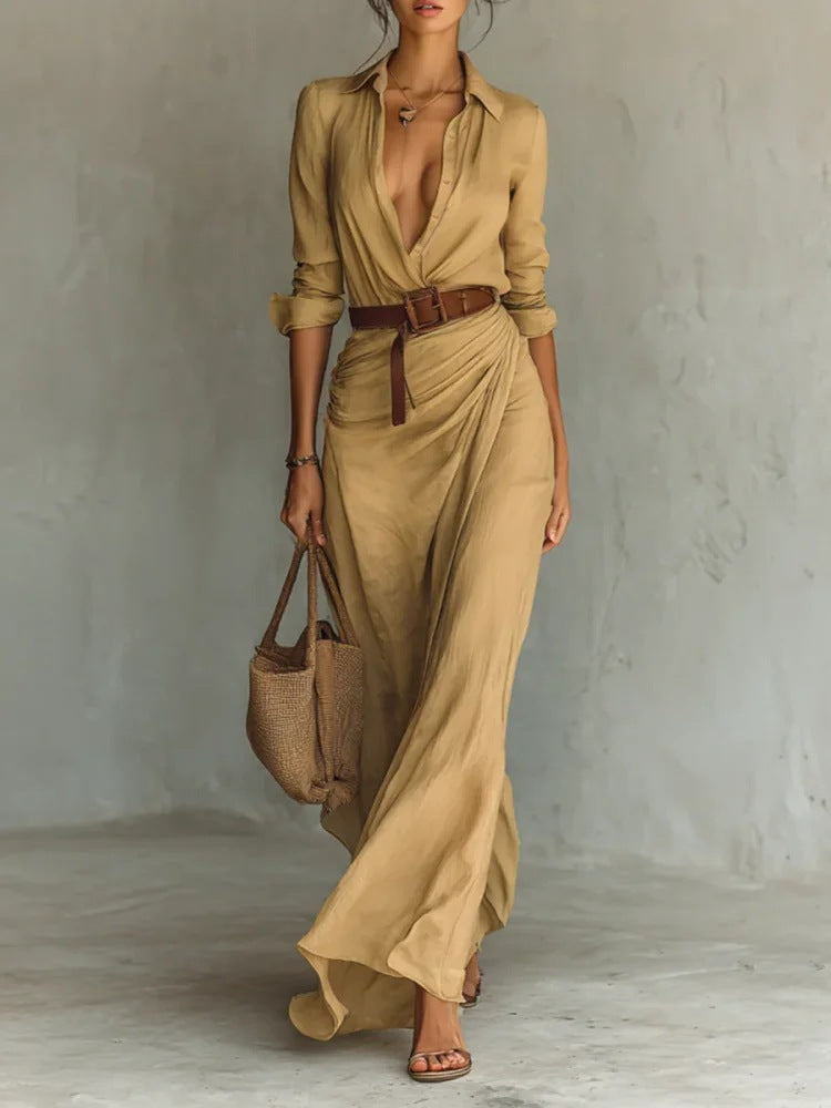 Belted Asymmetric Pleated Dress
