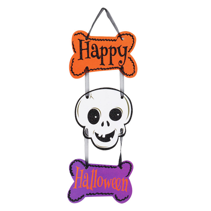 Halloween hanging sign with a white skull between orange and purple Happy Halloween panels