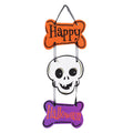 Halloween hanging sign with a white skull between orange and purple Happy Halloween panels