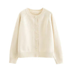 Beige round-neck knit cardigan with long sleeves and six front buttons — full front view