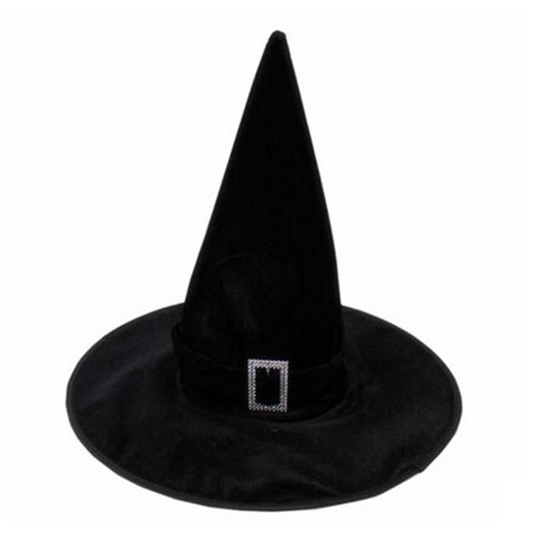 Black pointed witch hat with a wide brim, black band and silver-colour rectangular buckle, shown on white.