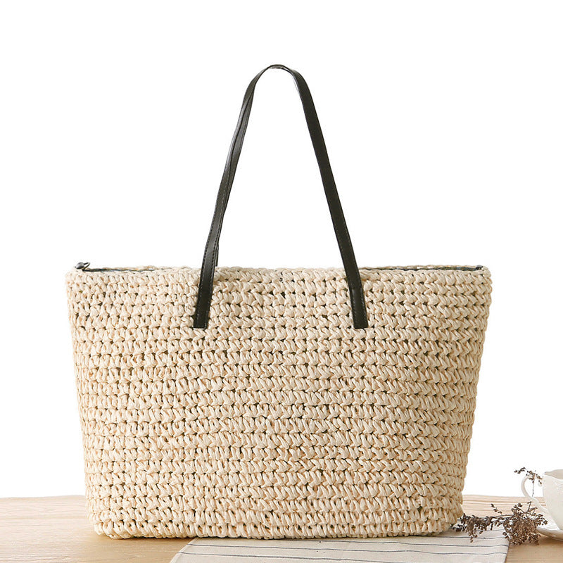 Woven Paper Shoulder Bag — Light Beige