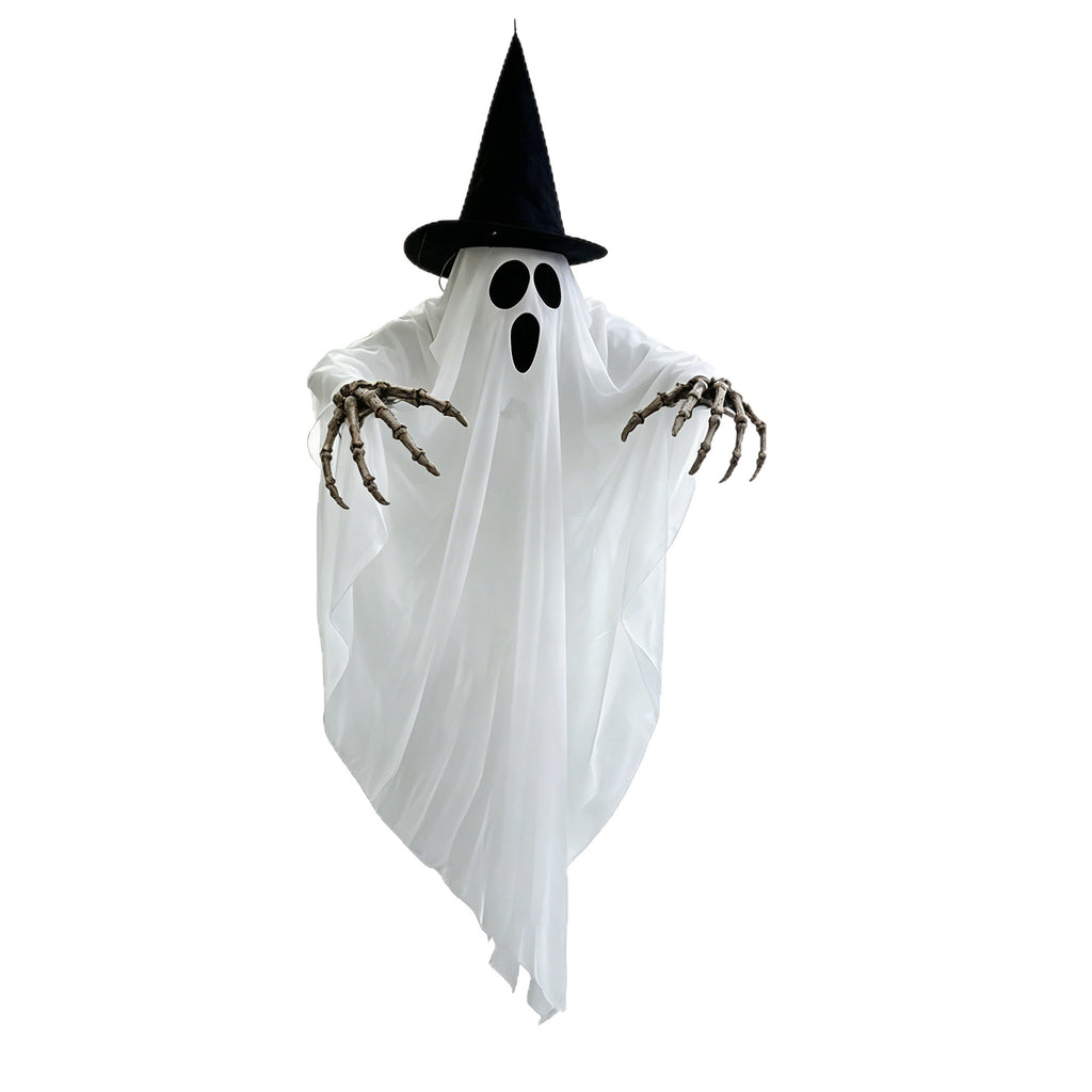 White hanging ghost decoration with a black witch hat, oval eyes and mouth, and skeletal hands, shown on white.