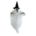 White hanging ghost decoration with a black witch hat, oval eyes and mouth, and skeletal hands, shown on white.