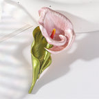 Pink Enamel Calla Lily Brooch with green leaf and stem