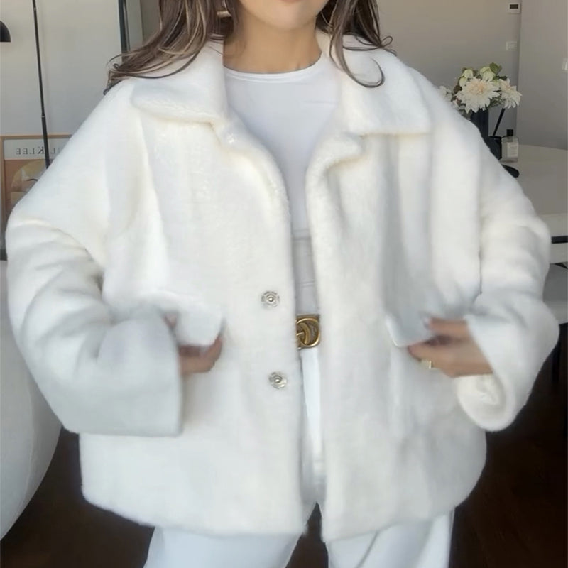 Light Khaki plush lapel jacket, worn open — front view